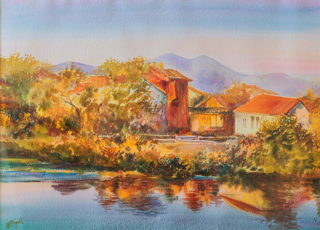 Пейзаж с къщи край езерото