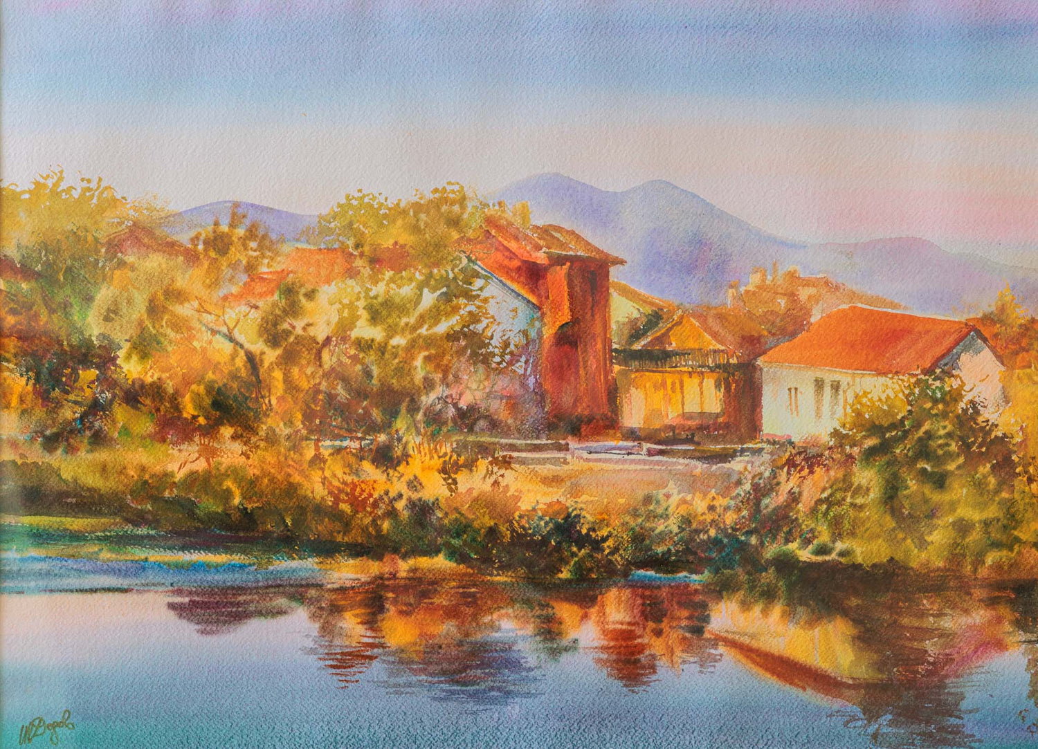 Пейзаж с къщи край езерото