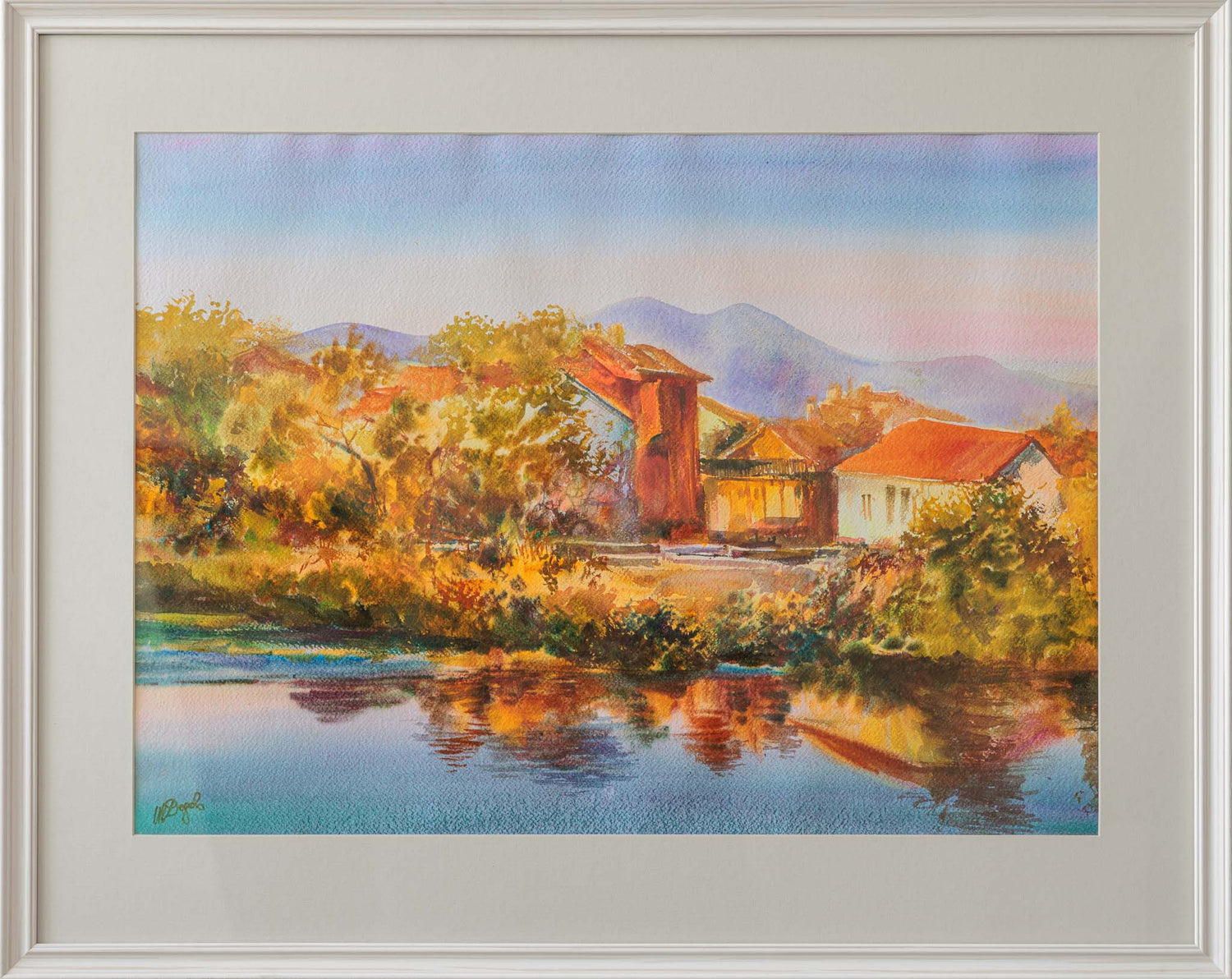 Пейзаж с къщи край езерото