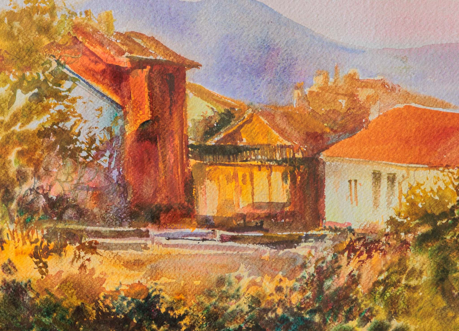 Пейзаж с къщи край езерото